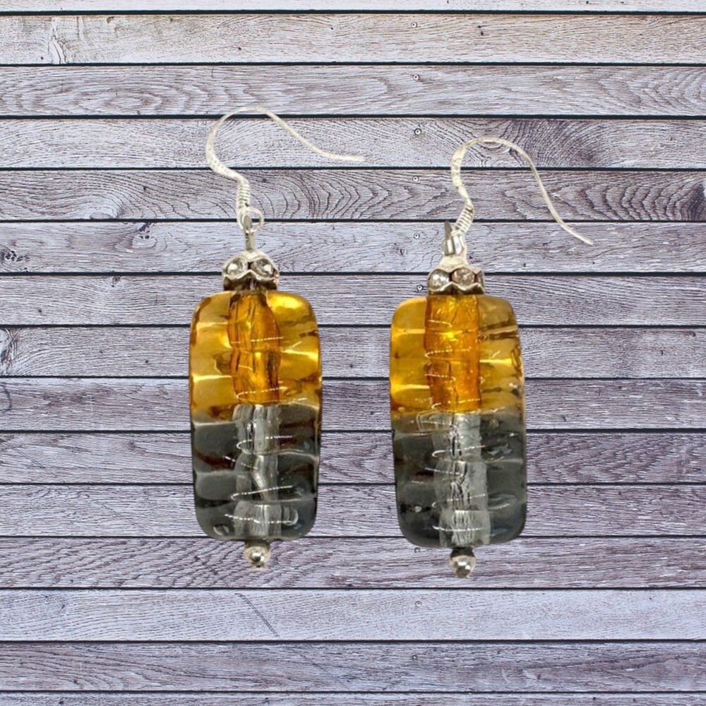 Gold and Grey Murano Glass.925 Sterling Earrings #310